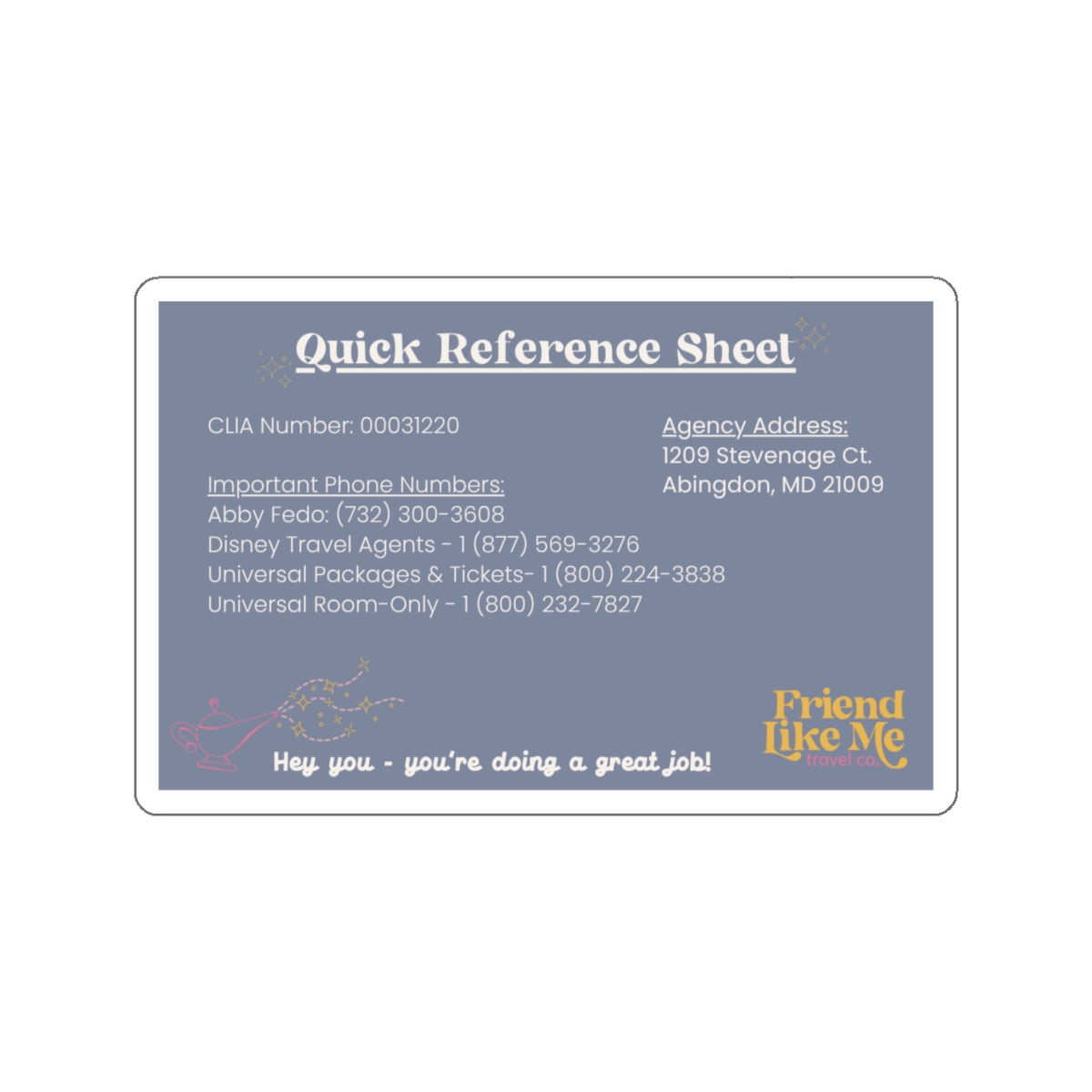 Quick Reference Sticker