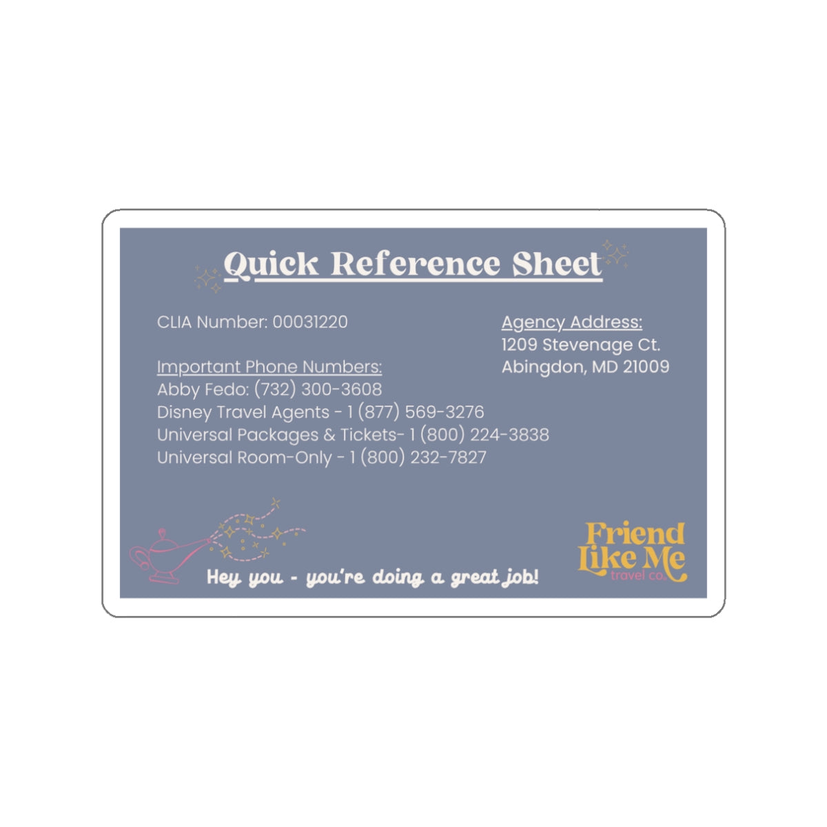 Quick Reference Sticker